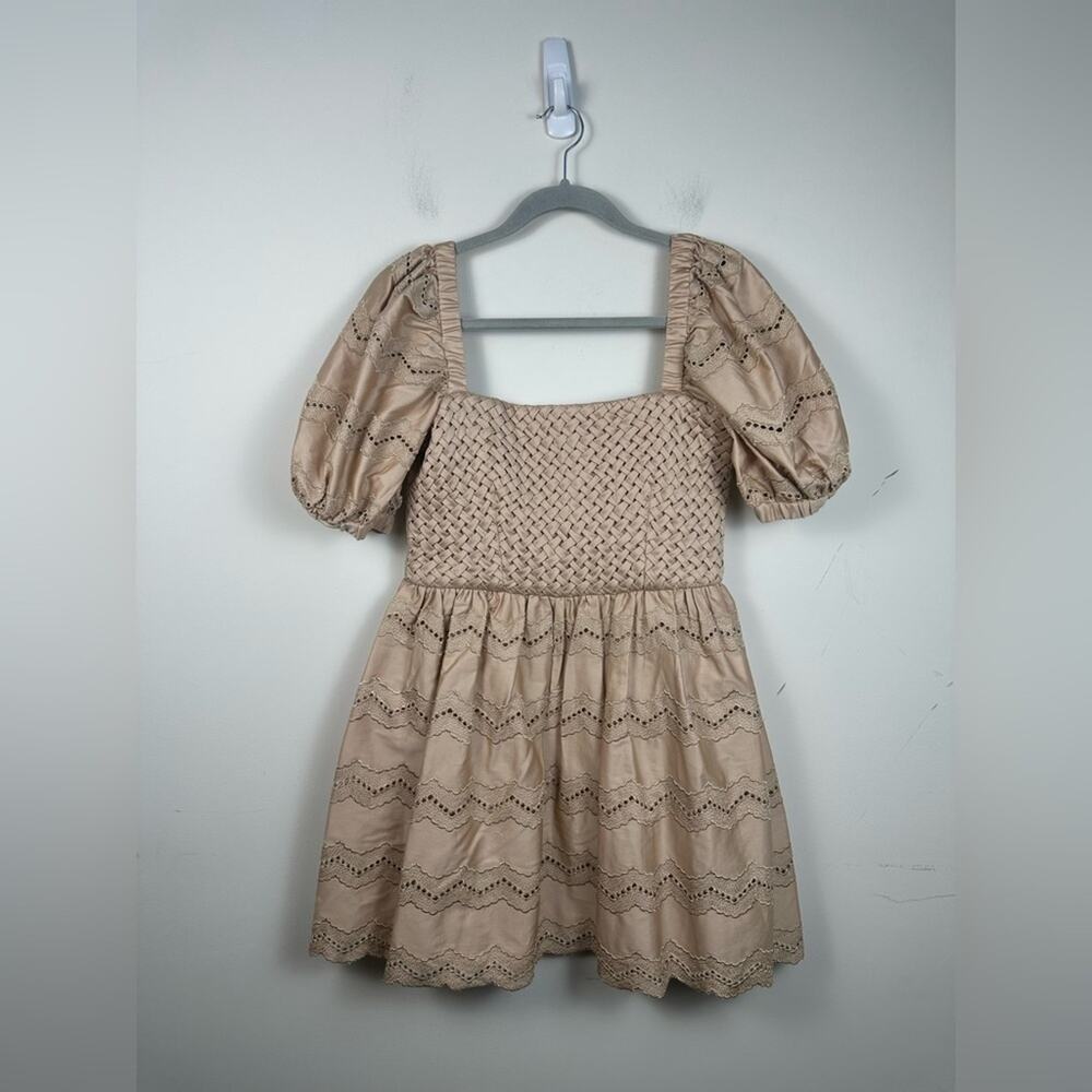 NWT Atelier 17.56 Cassandra Smocked Eyelet Mini Dress Sand Size Small Coquet - Picture 2 of 10